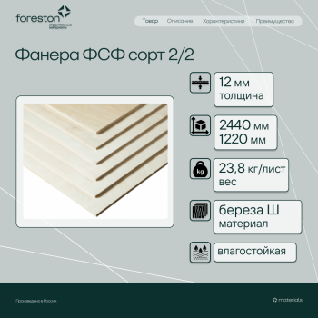 Фанера ФСФ сорт 2/2 2440*1220*12мм (23,8 кг/лист)