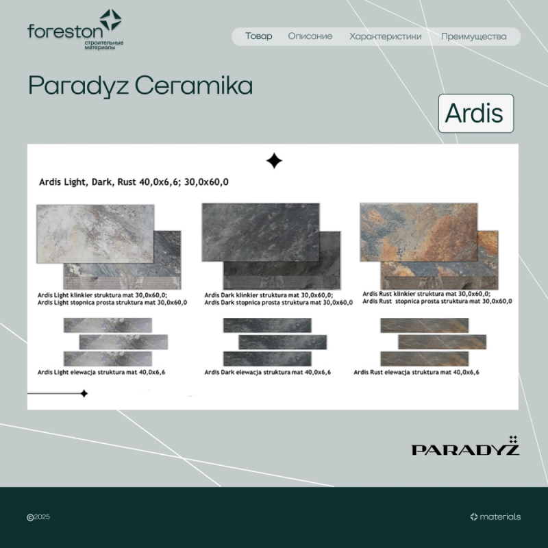 Плитка клинкерная Paradyz Ceramika 300*600*8,5 мм Ardis Dark структурная (5,5 шт/м2;8 шт/уп;28,4 кг/уп)