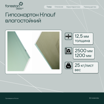 Гипсокартон Knauf влагостойкий 2500*1200*12,5мм (25 кг/лист)
