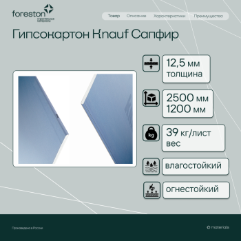 Гипсокартон Knauf Сапфир 2500*1200*12,5мм (39 кг/лист)