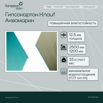 Гипсокартон Knauf Аквамарин повышенной влагостойкости 2500*1200*12,5мм (33 кг/лист)