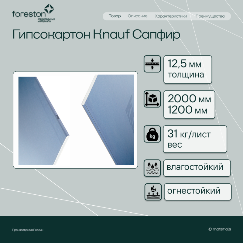 Гипсокартон Knauf Сапфир 2000*1200*12,5мм (31кг/лист)