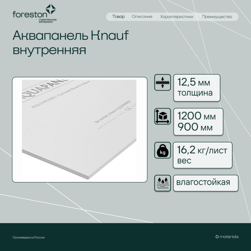 Аквапанель Knauf внутренняя 1200*900*12,5мм (16,2 кг/лист)
