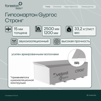 Гипсокартон Gyproc Стронг 2500*1200*15мм (33,2 кг/лист)