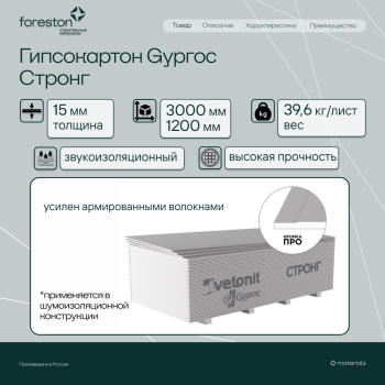 Гипсокартон Gyproc Стронг 3000*1200*15мм (39.6 кг/лист)