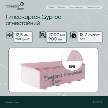 Гипсокартон Gyproc огнестойкий 2000*900*12,5мм (18,2 кг/лист)