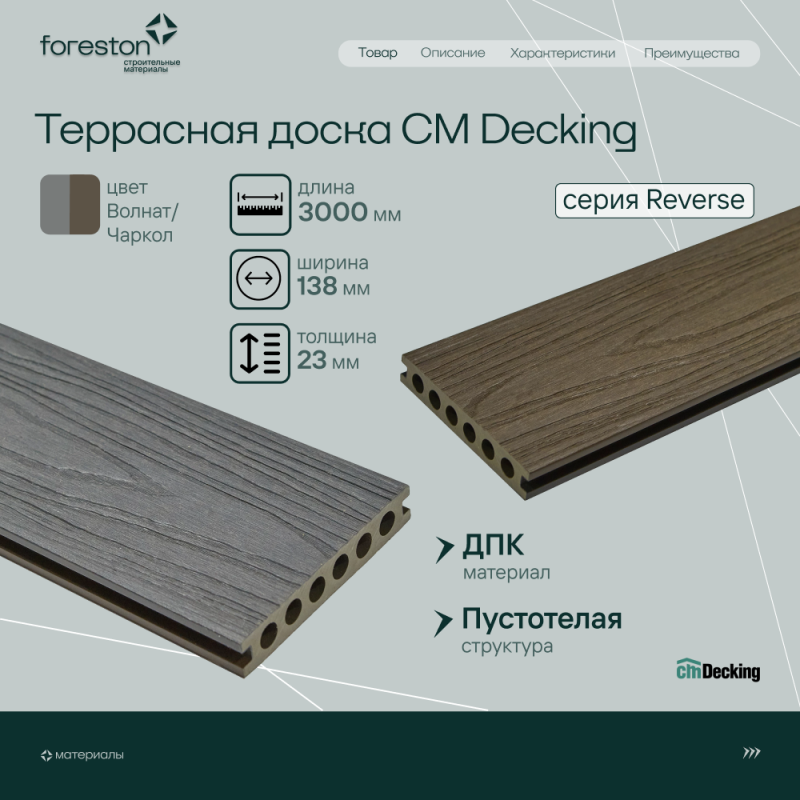 Террасная доска пустотелая с тиснением под дерево CM Decking Reverse,138*23*3000мм (walnut-charcoal/волнат-чаркол)
