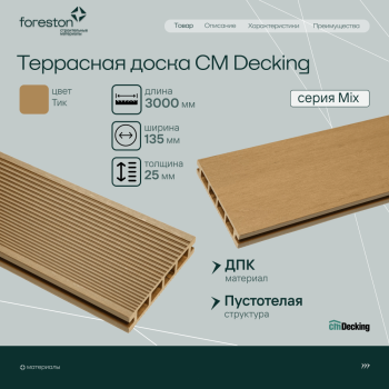 Террасная доска пустотелая с тиснением под дерево/вельвет CM Decking Mix,135*25*3000мм (teak/тик)