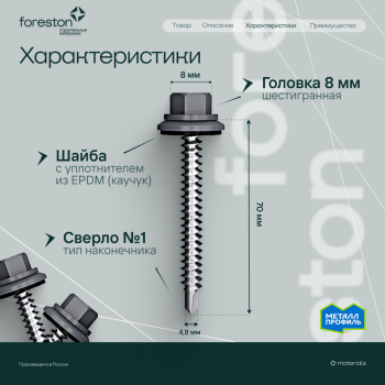 Саморезы кровельные 4,8*70мм, 100 шт/уп (RAL 7024) (сверло №1/по дереву)