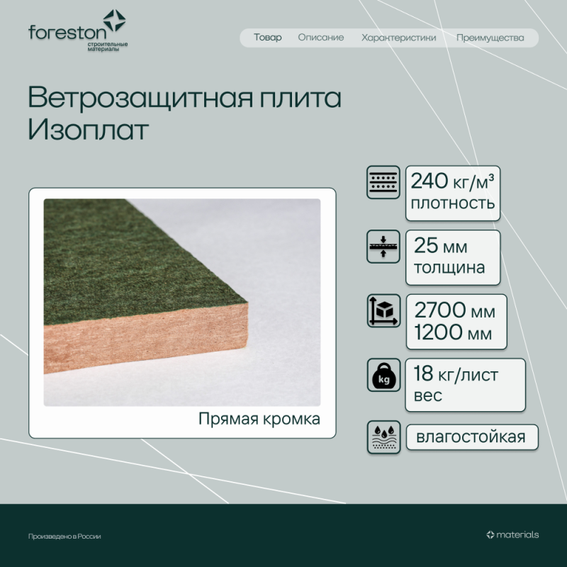 Ветрозащитная плита Изоплат прямая кромка 2700*1200*25мм (18 кг/лист)