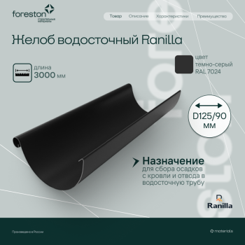 Желоб водосточный 3000мм PE Ranilla D125/90 (RAL7024 темно-серый)