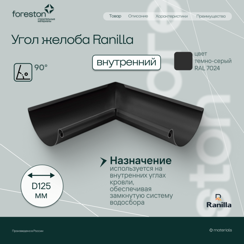 Угол желоба внутренний 90° PE Ranilla D125/90 (RAL7024 темно-серый)